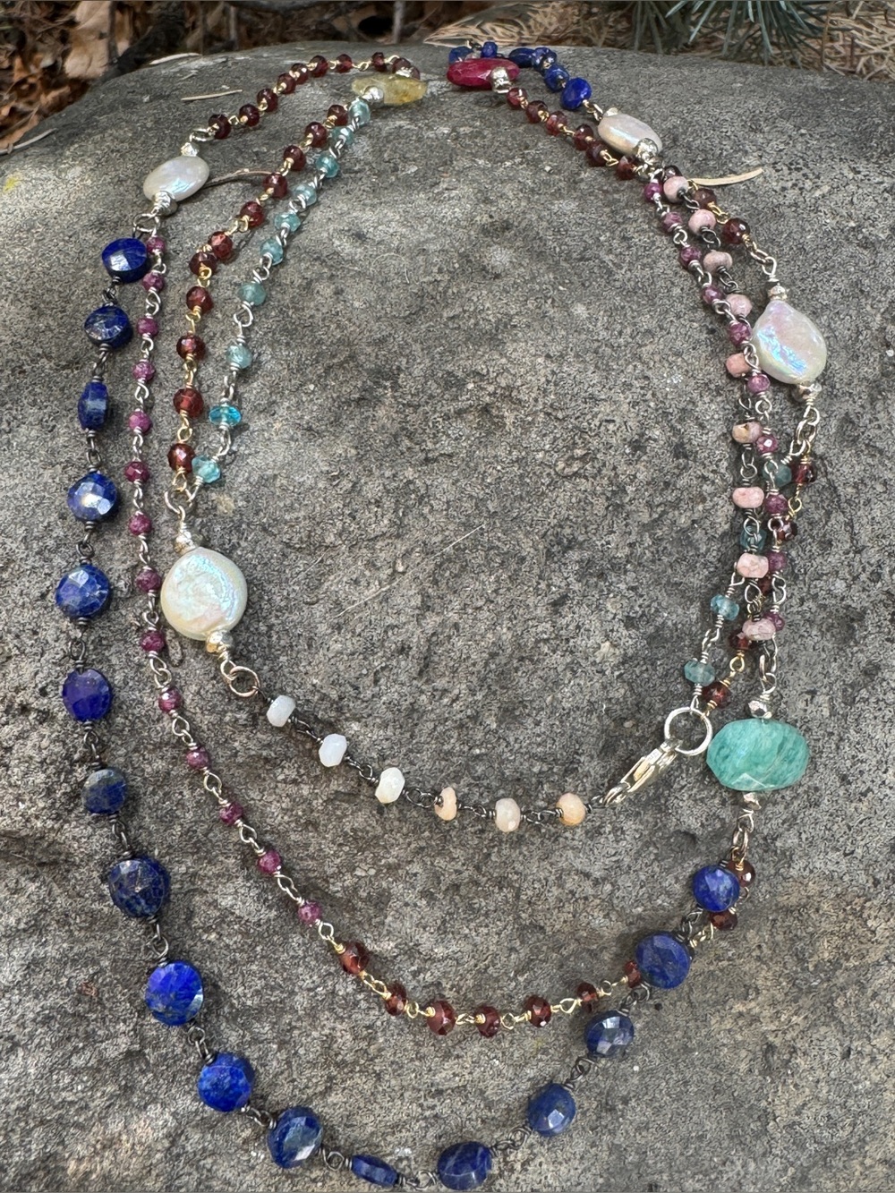 Sundance Multi-Strand Necklace with Blue, Green, Pink and Pearl Accents